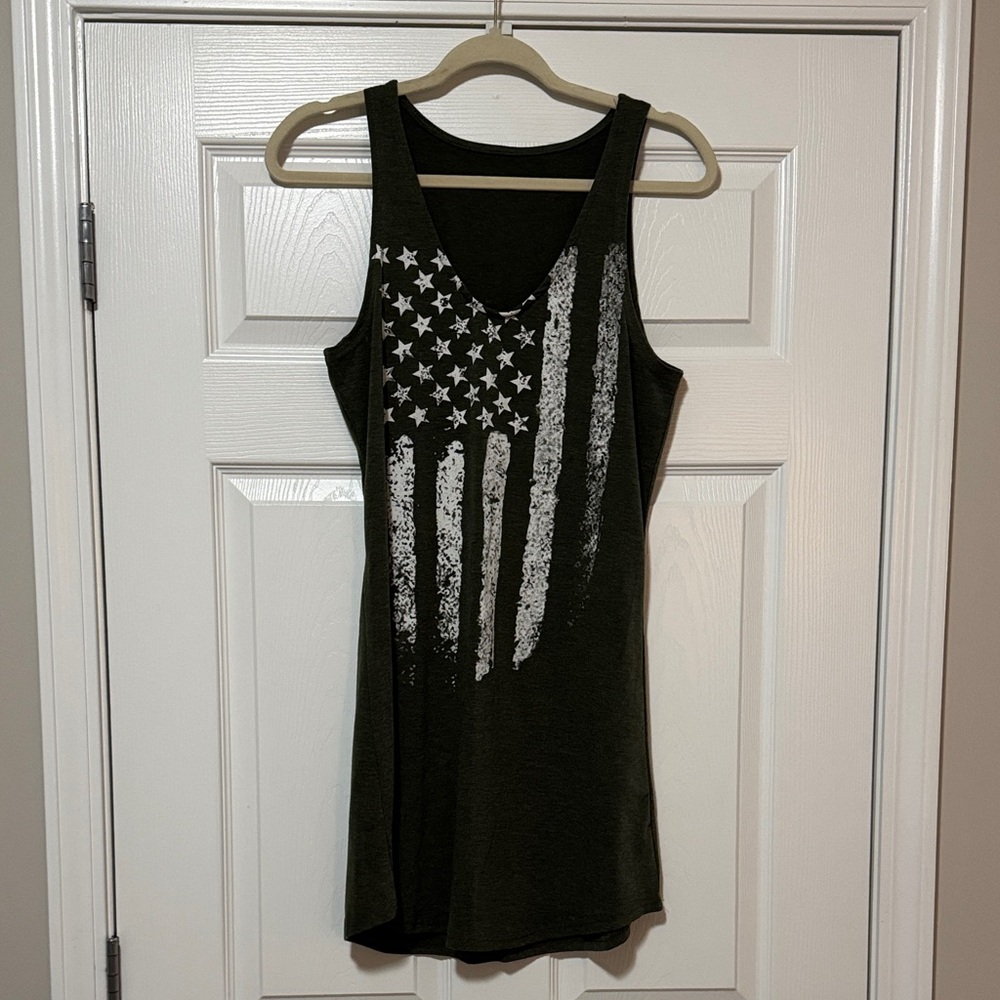Olive Green Sleeveless Top with American Flag Design